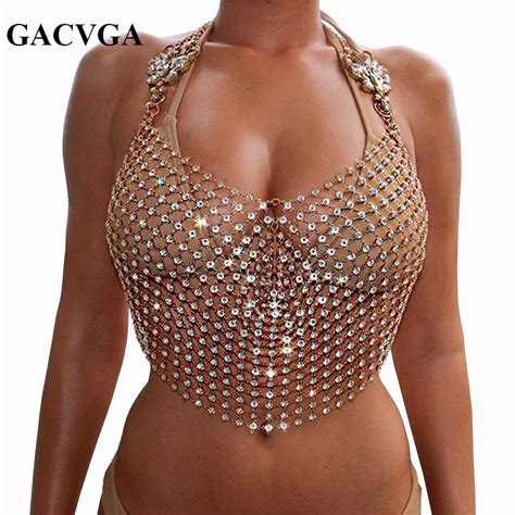 Gacvga 2018 Crystal Mesh Summer Tops Women Metal Crop Top Sexy Gold