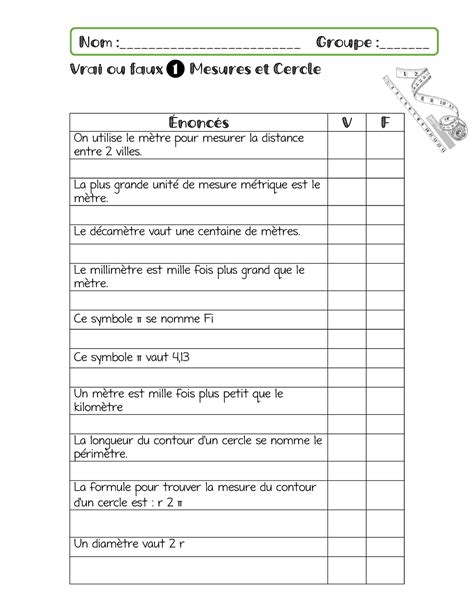 Vrai ou faux mesure et cercle Vrai ou faux 1 Mesures et Cercle Ès V