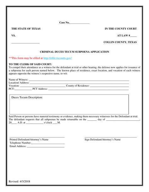 Collin County Texas Criminal Duces Tecum Subpoena Application Fill