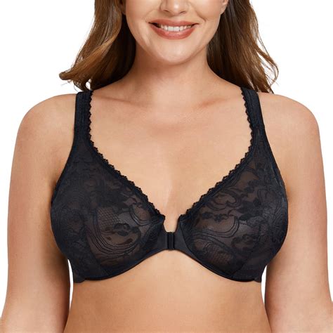 Meleneca Womens Plus Size Front Closure No Padding Full Coverage Lace Underwire Bra Black 48g