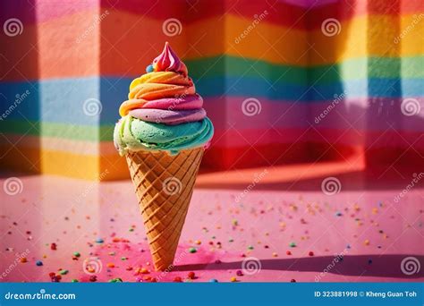 Big Colorful Rainbow Ice Cream In Cone Stock Illustration