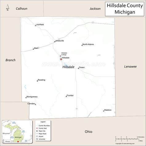 Map of Hillsdale County, Michigan showing cities, highways & important places. Check Where is ...