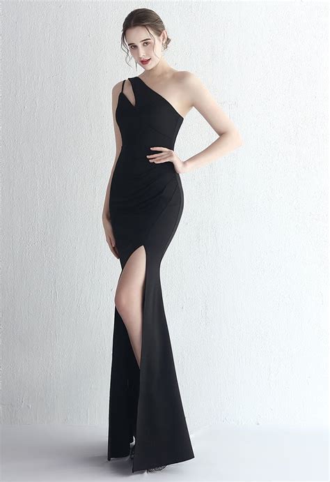 Cutout One Shoulder Split Gown In Black Retro Indie And Unique Fashion