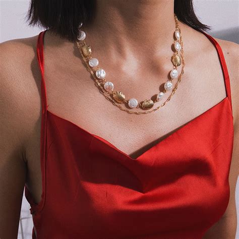 Multi Layer Pearl Choker Shell Scallop Long Chain Necklace Muduh