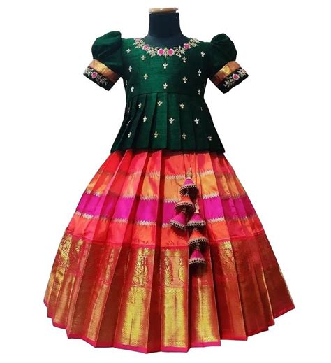 White Button New South Indian Traditional Green Pattu Pavadai Jecquard Lehenga Choli For Girls