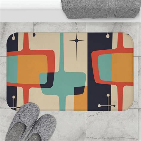 Mid Century Modern Bath Mat Geometric Atomic Starburst Slate Gray