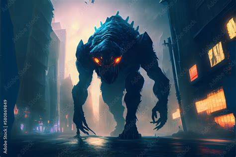 Giant Monster Invading Night City Science Fiction Futuristic Scene