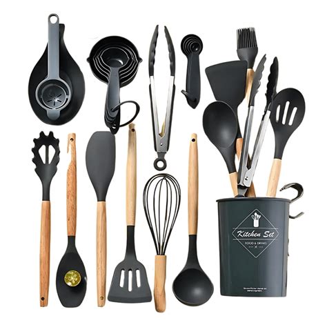 Set De Utensilios De Cocina Silicona Mango Madera Pzas Multicolor