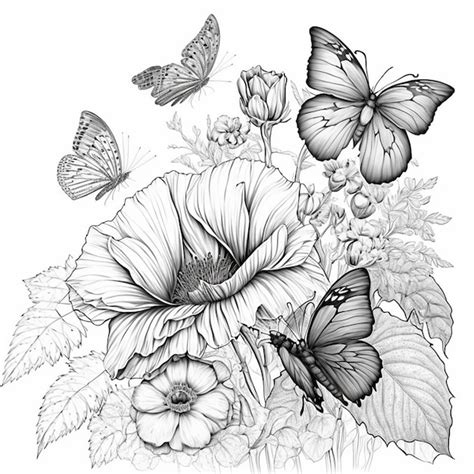 Papillons Et Fleurs Coloriage Noir Et Blanc Pour Livre De Coloriage