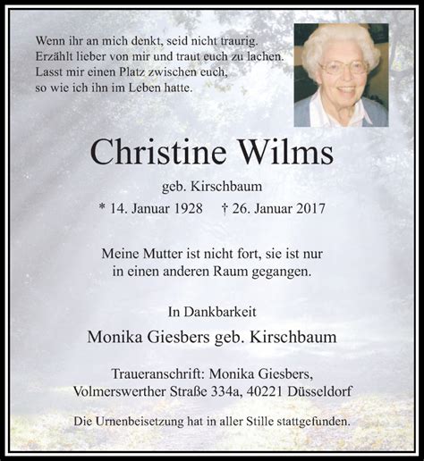 Alle Traueranzeigen F R Christine Wilms Trauer Rp Online De