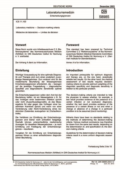 DIN 58985:2003 - Laboratory medicine - Decision-marking criteria
