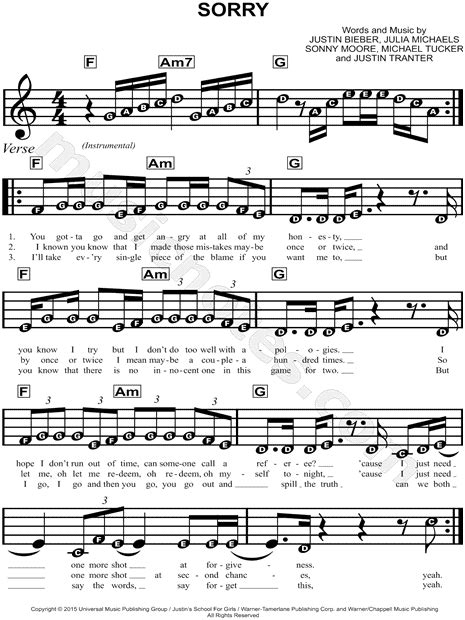 Justin Bieber Sorry Sheet Music For Beginners In C Major Download And Print Sku Mn0160833