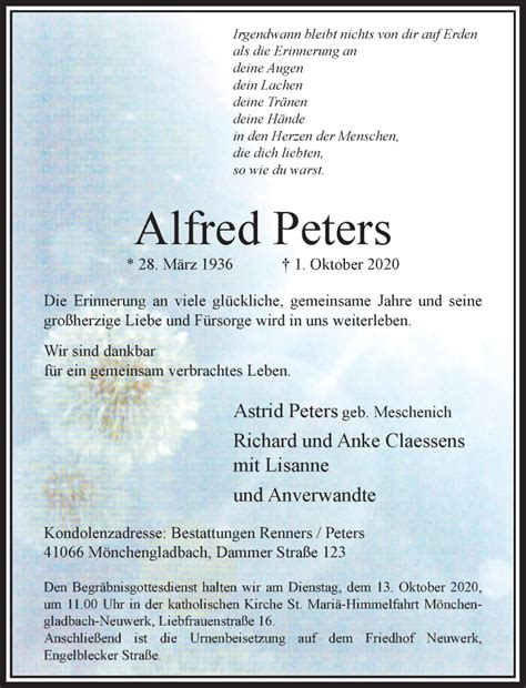 Alle Traueranzeigen F R Alfred Peters Trauer Rp Online De