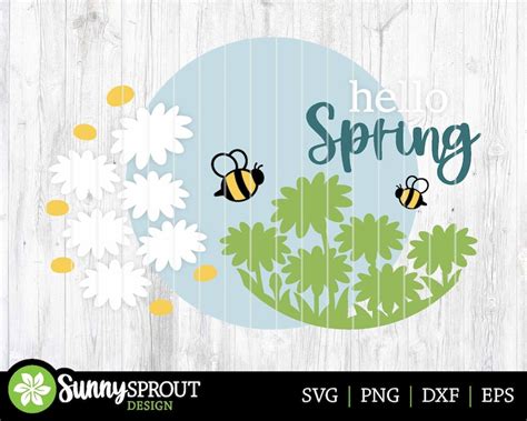 Hello Spring Daisy Bees Sign Round Door Hanger Svg Spring Etsy