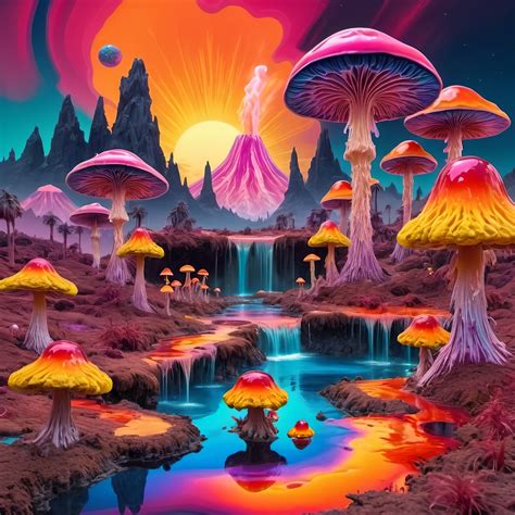 Psychedelic Melting Mushroom Forest On A Colorful Gl