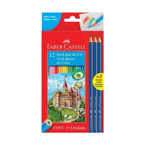 Kit Lápis De Cor Faber castell C 12 Cores 3 Ecolápis Grafite