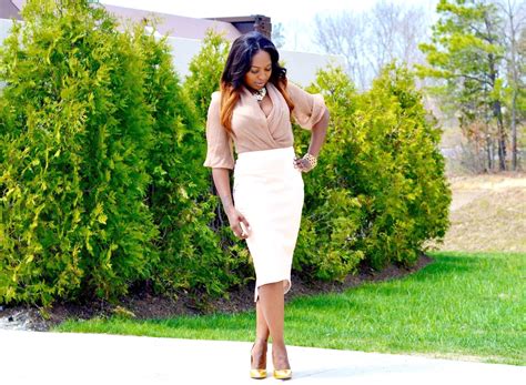 Nude Pencil Skirt Sheer Bodysuit Gold Heels Fabulous Perks