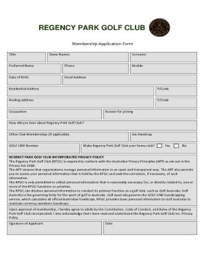 Fillable Online Application Form Regency Park Golf Club Fax Email