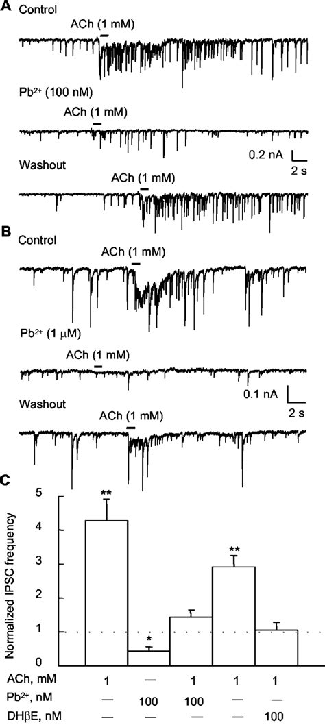 Effects Of Pb On Ach Triggered Ipscs A And B Sample Recordings Of