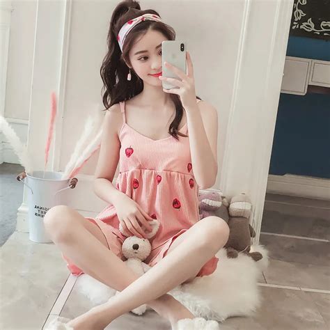 Female Sweet Two Piece Set Pijama Print Strawberry Stpried Pink Women