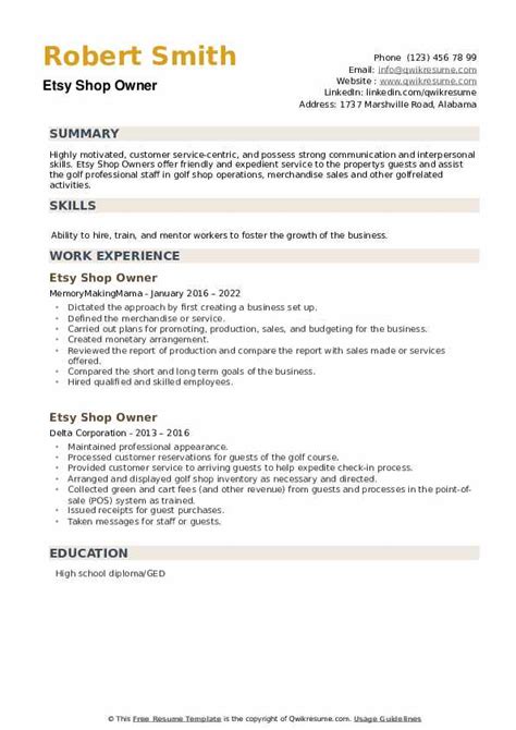 Etsy Shop Owner Resume Samples Templates For