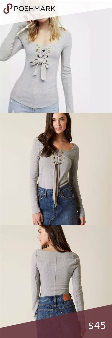 Free People Looking Back Gray Lace Up Long Sleeve Top Clothes Design