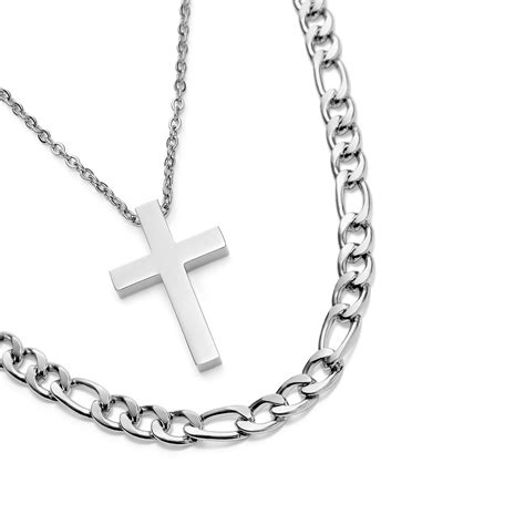 Silver Tone Stainless Steel Cross And Figaro Necklace Layering Set In