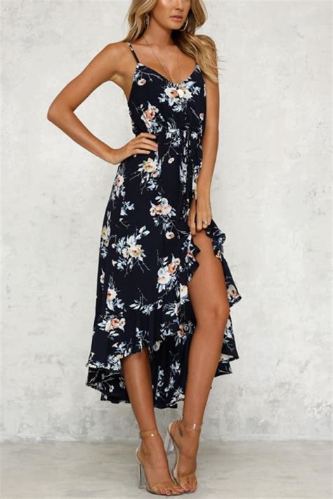 Spaghetti Strap Asymmetric Hem Cascading Ruffles Floral Printed