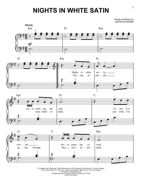 Nights In White Satin By The Moody Blues Easy Piano Digital Sheet