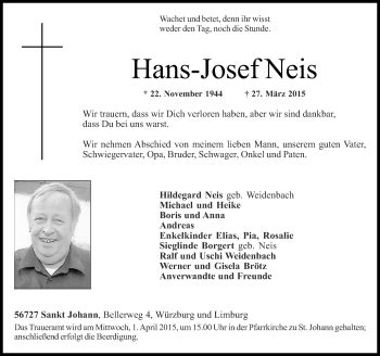 Traueranzeigen Von Hans Josef Neis Rz Trauer De