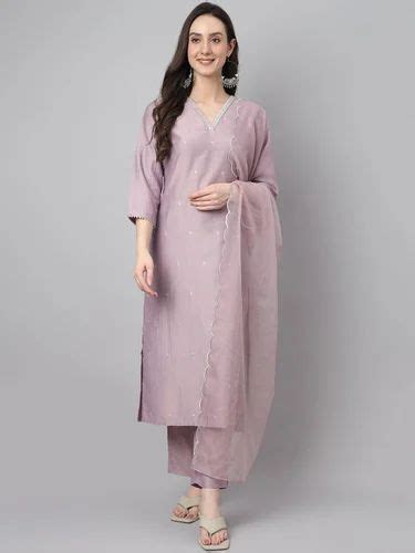 Janasya Women S Lavender Chinon Embellished Kurta With Pant And Dupatta