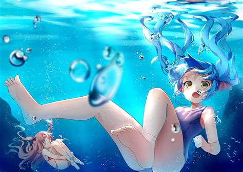 Hd Wallpaper Blue Haired Female Anime Character Underwater Digital