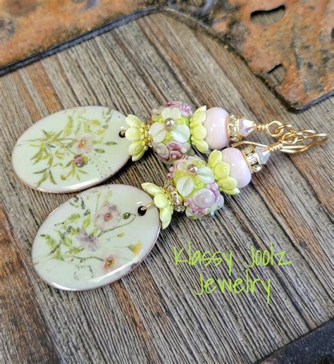 Enameled Floral Charms Glass Floral Lampwork Beaded Earrings Artisan Lampwork Beads Artisan