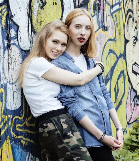 Two Blonde Real Teenage Girl Hanging Out At Summer Together Best