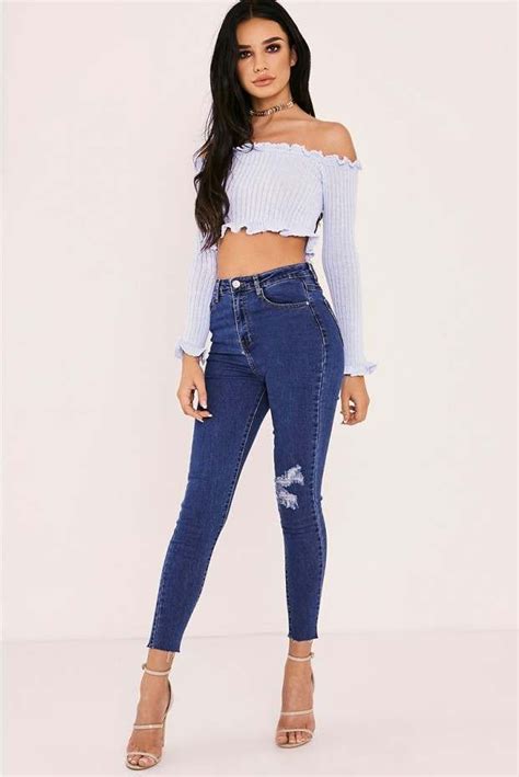 Sarah Ashcroft Light Blue Ribbed Ruffle Long Sleeved Bardot Crop Top