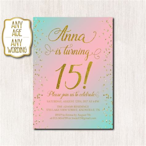 15th Birthday Invitation Fifteenth Birthday Pink And Mint Etsy