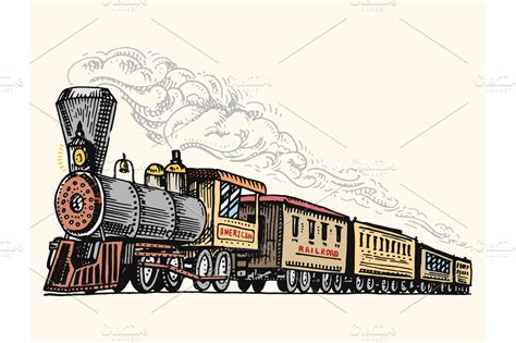 engraved vintage, hand drawn, old locomotive or train with steam on ...