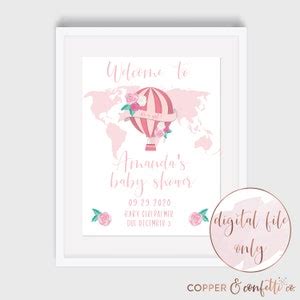 Pink Hot Air Balloon Baby Shower Welcome Sign Girl Baby Shower Printable Welcome Sign Digital