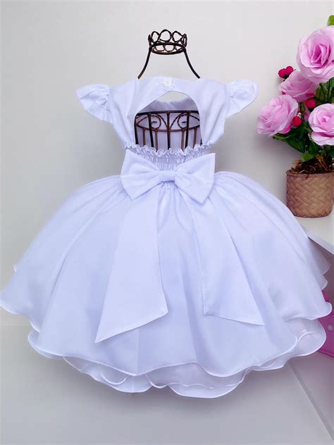 Vestido Infantil Branco Batizado Luxo Cinto E Aplique P Rola Rosa