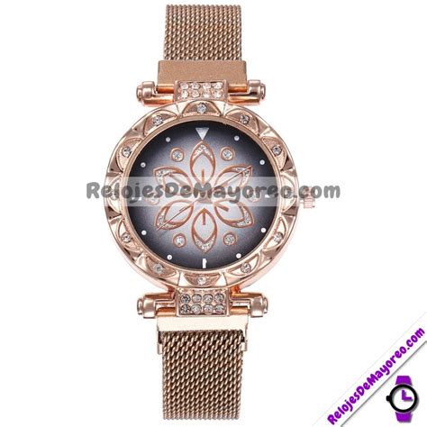 Reloj Diamantes Dorado Extensible Metal Mesh Imán Flor y Círculos R3465