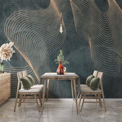 Gold Wavy Lines on Concrete Art Wallpaper, Green and Gold Luxury Wall ...