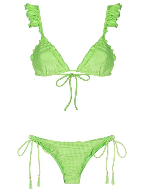 Brigitte Ruffled Trim Ribbed Bikini Green Farfetch