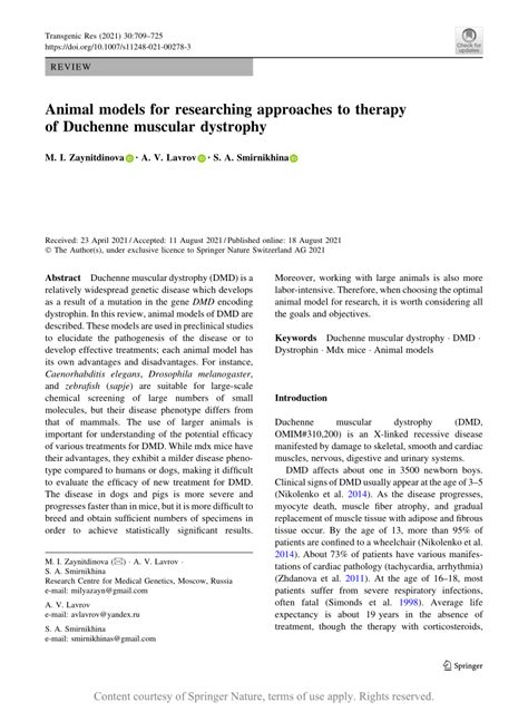 Animal Models For Researching Approaches To Therapy Of Duchenne