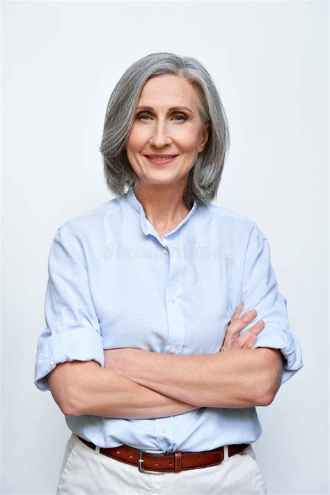 Smiling Mature Older Woman Looking At Camera Webcam Headshot Stock