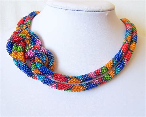 Long Beaded Crochet Rope Necklace Beadwork Seed Beads By Lutita