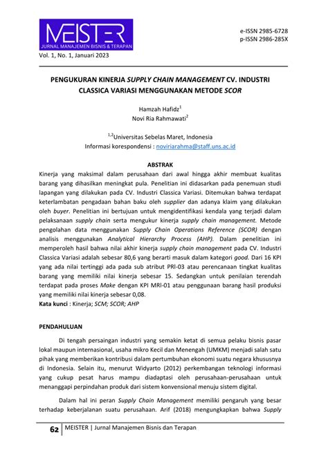 PDF PENGUKURAN KINERJA SUPPLY CHAIN MANAGEMENT CV INDUSTRI CLASSICA