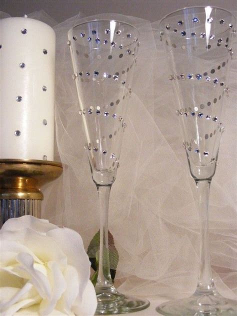 Elegant Wedding Champagne Toasting Flutes With Swarovski Crystal Rhinestone Bling New Years