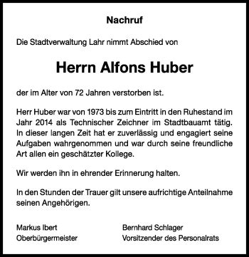 Traueranzeigen Von Alfons Huber Schwarzw Lder Bote Trauer