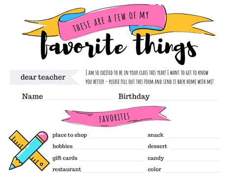 Teacher Favorite Things List Printable For School Kids Etsy