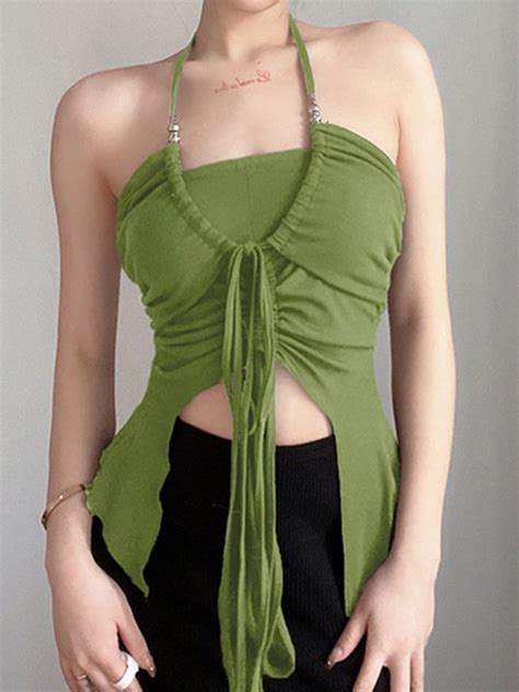 Emmiol Free Shipping Irregular Drawstring Tie Halter Crop Cami Top